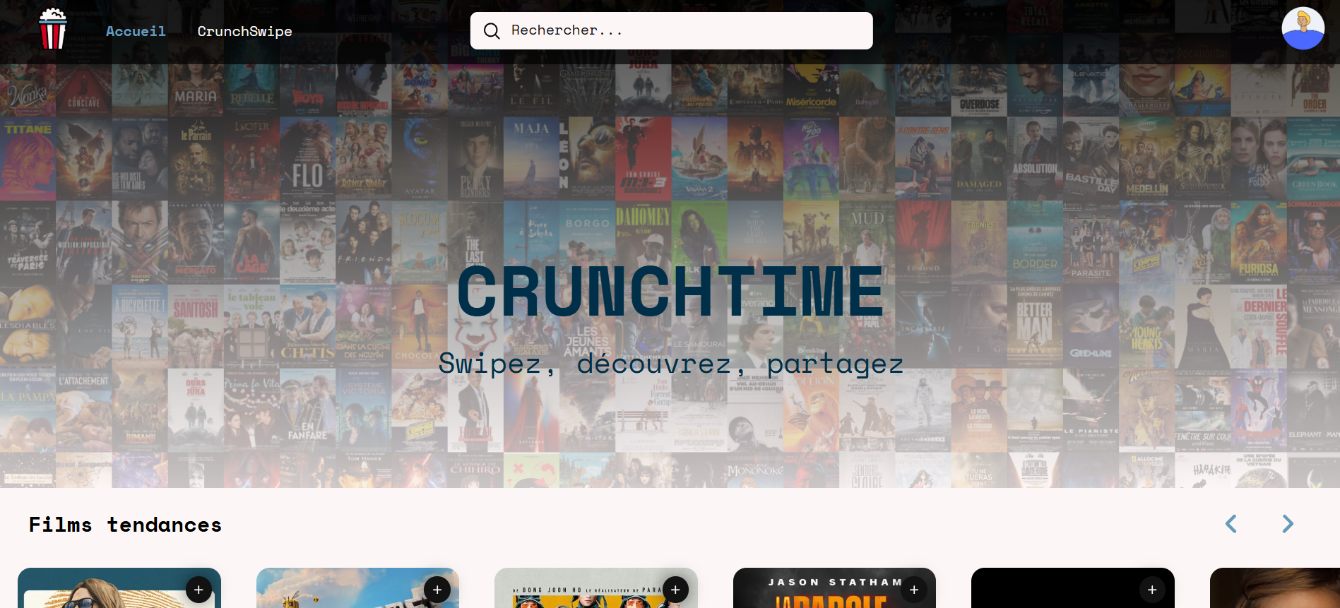 Interface de l'application web CrunchTime avec affichage de films et séries